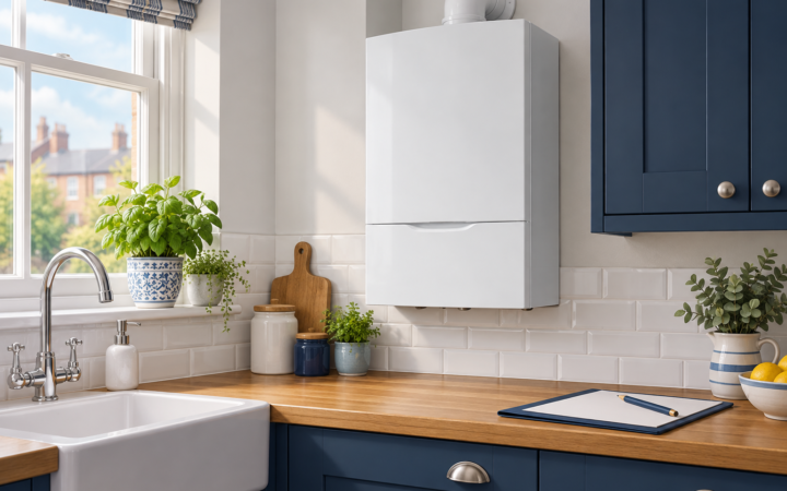 Illustration of a closed domestic boiler with a service folder on the kitchen worktop.