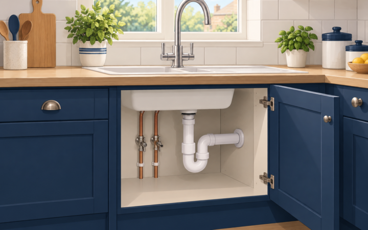 Illustration of a dry kitchen sink, tap and the plumbing below it.